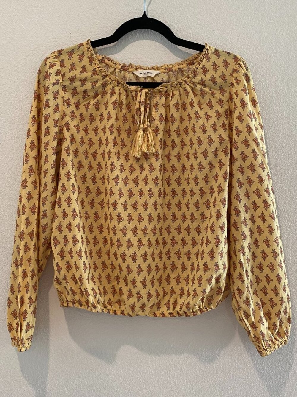 Lucky Brand Floral Block Print Peasant Blouse Yellow Boho Tassel Top Medium